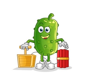 Salatalık elinde dinamit fünyesi tutuyor. çizgi film maskotu vektörü