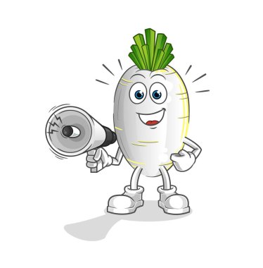 Beyaz turp hoparlör vektörünü tutuyor. çizgi film karakteri