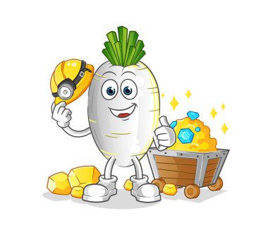 Altın karakterli beyaz turp madencisi. çizgi film maskotu vektörü
