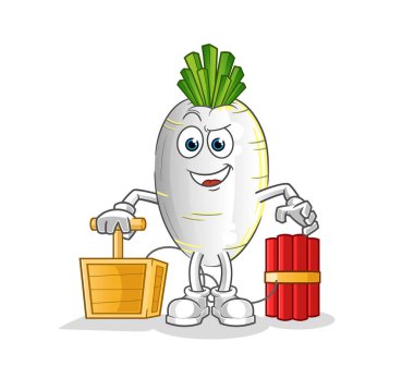 Beyaz turpta dinamit fünyesi var. çizgi film maskotu vektörü