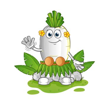 Beyaz Turp Hawaii 'li el sallayan karakter. çizgi film maskotu vektörü