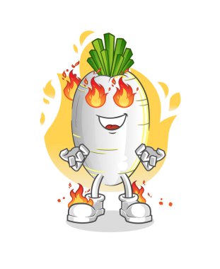 Beyaz turp ve ateş maskotu. çizgi film vektörü
