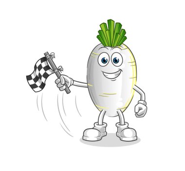 Beyaz turp, bitiş bayrağı. çizgi film maskotu vektörü