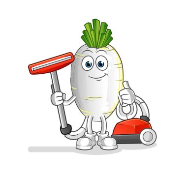 Süpürgeyle temizlenmiş beyaz turp. karakter vektörü