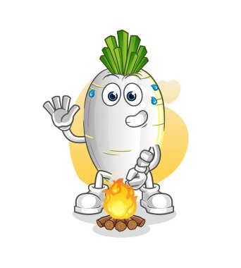 Marşmelov kızartan beyaz turp. çizgi film maskotu vektörü