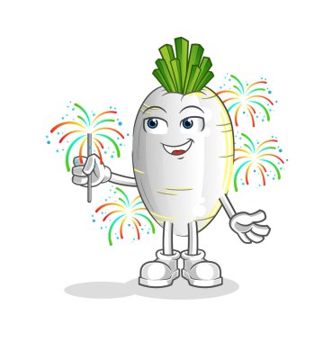 Havai fişek maskotlu beyaz turp. çizgi film vektörü