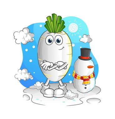 Soğuk kış karakterli beyaz turp. çizgi film maskotu vektörü