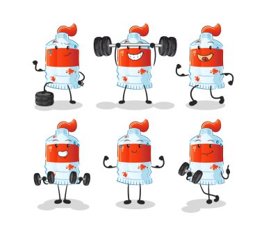 Suluboya tüp egzersizi karakter ayarladı. çizgi film maskotu vektörü