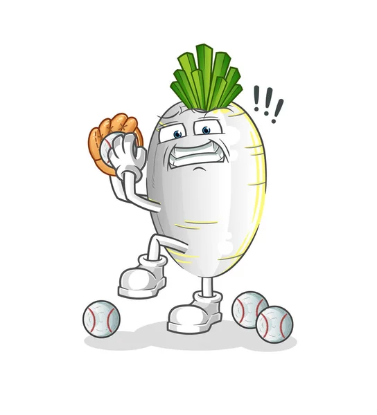 Radis Blanc Lanceur Baseball Dessin Animé Vecteur Mascotte Dessin Animé — Image vectorielle