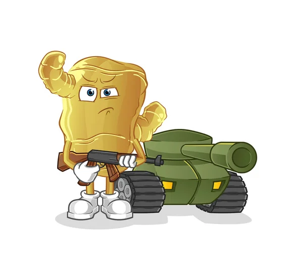 戦車キャラクターのジンジャー兵士 漫画マスコットベクトル — ストックベクタ
