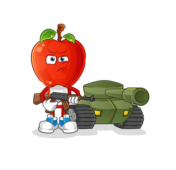 Apple Head Cartoon Soldier Tank Character Cartoon Vector — Stock Vector