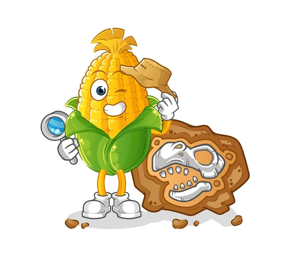 拥有化石吉祥物的玉米考古学家 卡通矢量 — 图库矢量图片