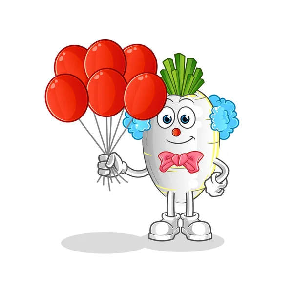 White Radish Clown Balloons Vector Cartoon Character — Stock Vector