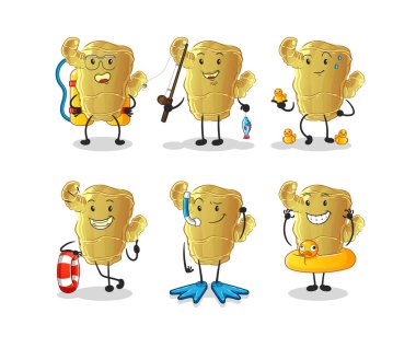 Zencefilli su aktivite grubu. çizgi film maskotu vektörü