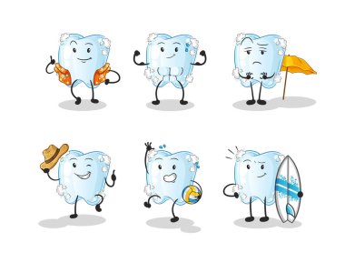 Köpüklü plaj tatili karakterli diş. çizgi film maskotu vektörü
