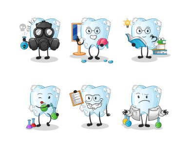 Köpük bilim adamı grup karakterli diş. çizgi film maskotu vektörü