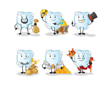 Köpüklü zengin grup karakteri olan diş. çizgi film maskotu vektörü