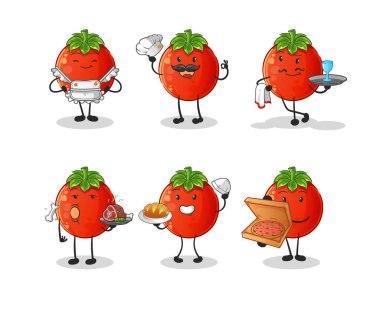 Domates restoranı grubu karakteri. çizgi film maskotu vektörü