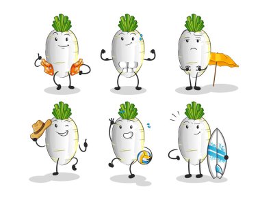 Beyaz turp plajı tatil seti karakteri. çizgi film maskotu vektörü