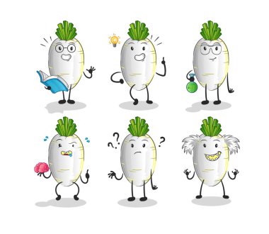 Beyaz turp düşünen grup karakteri. çizgi film maskotu vektörü