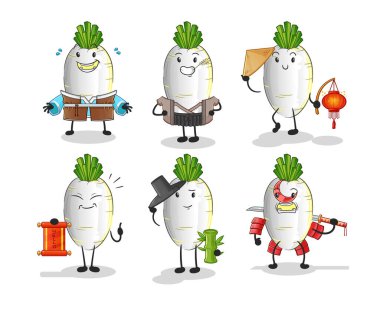 Beyaz turp Asya kültürü seti. çizgi film maskotu vektörü