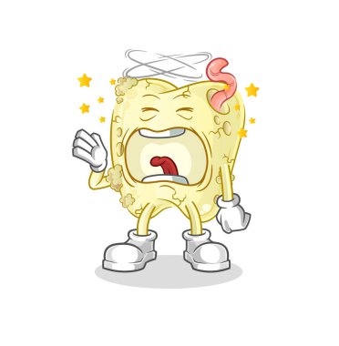 Diş çürüğü esneme karakteri. çizgi film maskotu vektörü