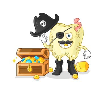 Diş çürüğü korsan ve hazine maskotu. çizgi film vektörü