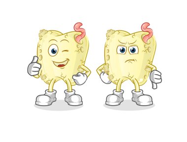 Diş çürüğü baş parmak yukarı ve baş parmak aşağı. çizgi film maskotu vektörü