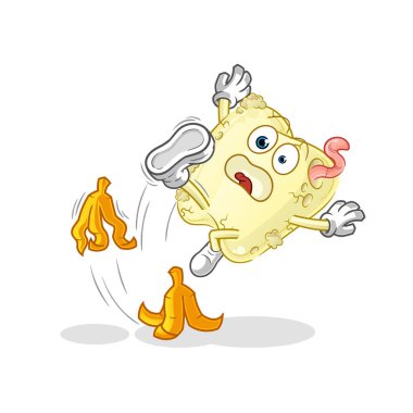 Diş çürüğü muza basıp kaydı. çizgi film maskotu vektörü