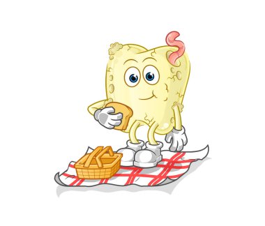 Bir piknik karikatüründe diş çürüğü. çizgi film maskotu vektörü