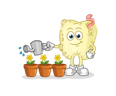 Diş çürüğü çiçek maskotunu suluyor. çizgi film vektörü