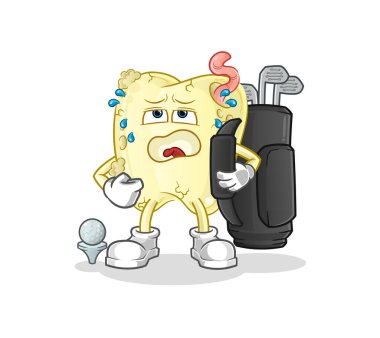 Golf ekipmanıyla diş çürüğü. çizgi film maskotu vektörü