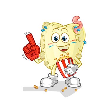 Diş çürüğü fanı ve patlamış mısır illüstrasyonu. karakter vektörü