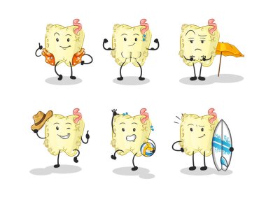 Diş çürüğü plaj tatili karakteri. çizgi film maskotu vektörü