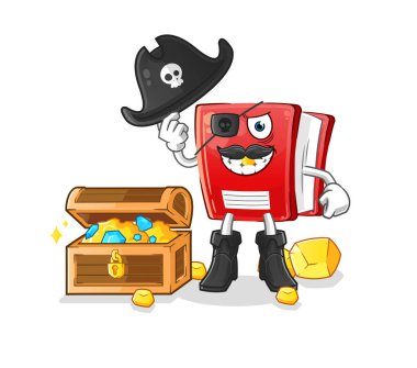 Kitap korsanı ve hazine maskotu. çizgi film vektörü