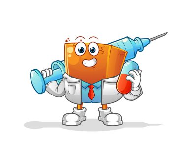 Tuğla doktoru ilaç ve iğne tutuyor.