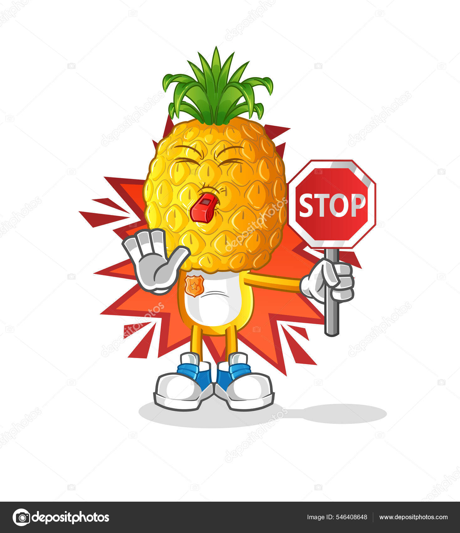 Pineapple Head Cartoon Holding Stop Sign Cartoon Mascot Vector Stock