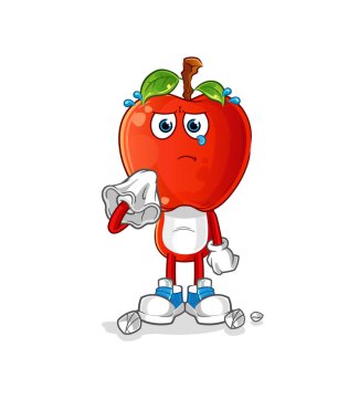 Elma kafalı çizgi film karakteri peçeteyle ağlıyor. çizgi film maskotu vektörü