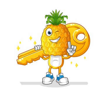 Ananas kafalı çizgi film karakteri anahtar maskotu taşıyor. çizgi film vektörü