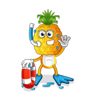 Şamandıra maskotlu ananas kafalı çizgi film yüzücüsü. çizgi film vektörü