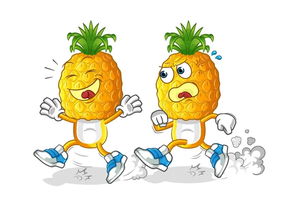 Ananas kafalı çizgi film karakteri kovalamaca oynuyor. çizgi film maskotu vektörü