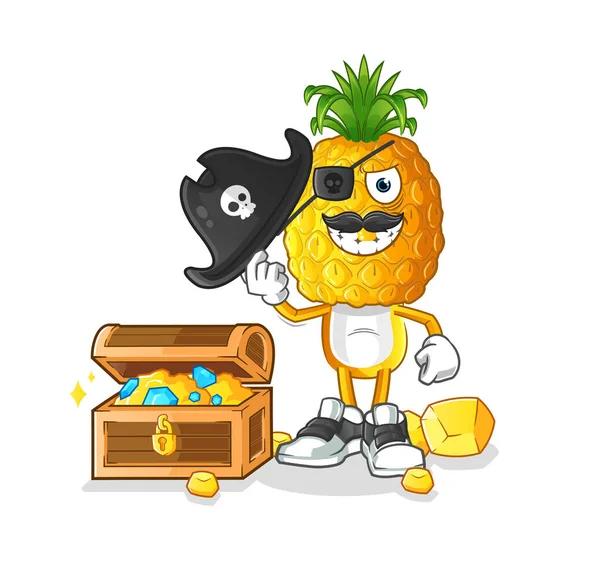 Ananas kafalı karikatür korsanı ve hazine maskotu. çizgi film vektörü