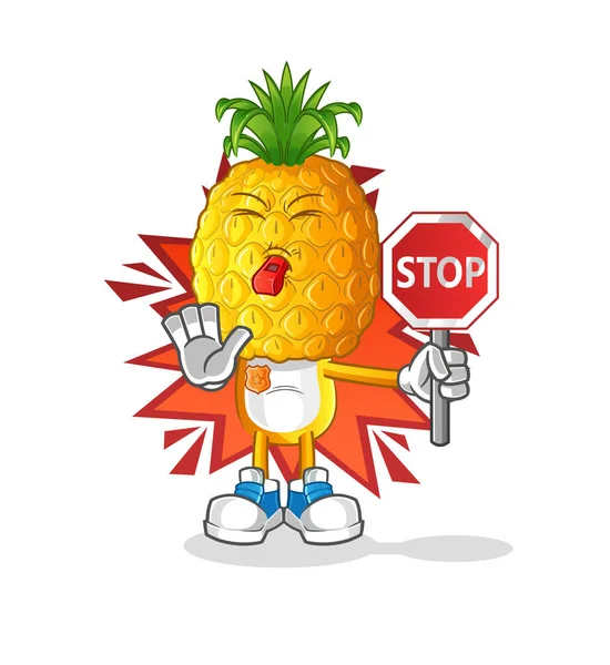 Ananas Testa Cartone Animato Tenendo Segno Stop Vettore Della Mascotte — Vettoriale Stock