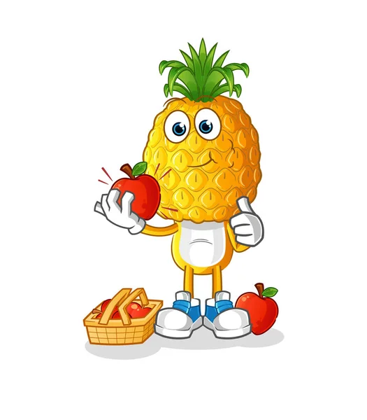 Ananaskopf Karikatur Beim Essen Einer Apfelillustration Zeichenvektor — Stockvektor