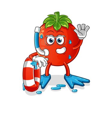 Şamandıra maskotlu bir domates yüzücüsü. çizgi film vektörü