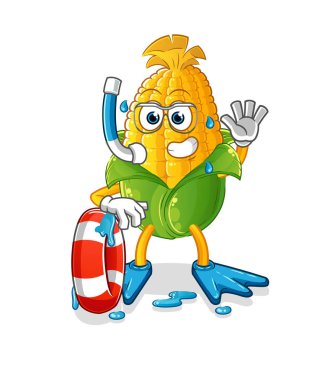 Şamandıra maskotlu mısır yüzücüsü. çizgi film vektörü