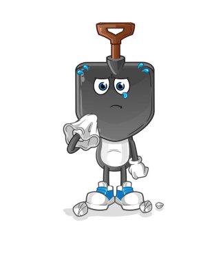 Kürek kafalı çizgi film karakteri peçeteyle ağlıyor. çizgi film maskotu vektörü