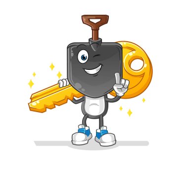Kürek kafalı karikatür anahtar maskotu taşıyor. çizgi film vektörü