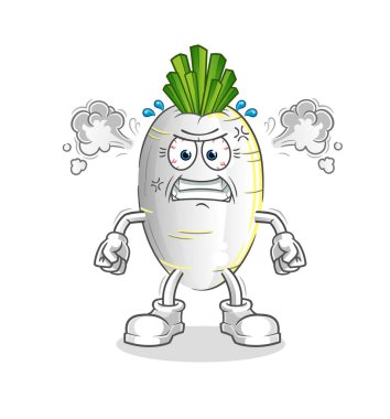 Beyaz turp çok kızgın bir maskot. çizgi film vektörü