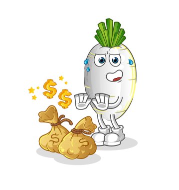 Beyaz turp para resimlerini reddediyor. karakter vektörü